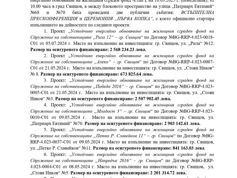 В Свищов официално стартира изпълнението на дейностите по процедура BG-RRP-4.023 - Подкрепа за устойчиво енергийно обновяване на жилищния сграден фонд -Етап I