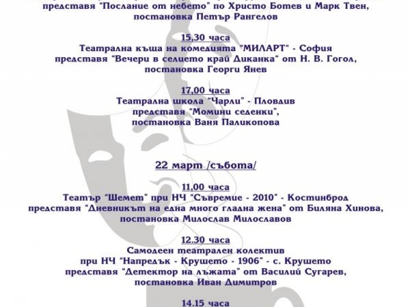 ПРОГРАМА НА ДВАНАДЕСЕТИЯ НАЦИОНАЛЕН ФЕСТИВАЛ  НА ЛЮБИТЕЛСКИТЕ КАМЕРНИ И КАФЕ-ТЕАТРИ СВИЩОВ, 2014