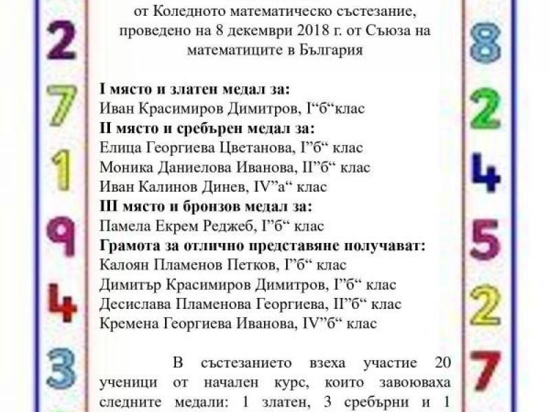 Отлично представяне на учениците от СУ „Цветан Радославов“ в изминалите две математически състезания