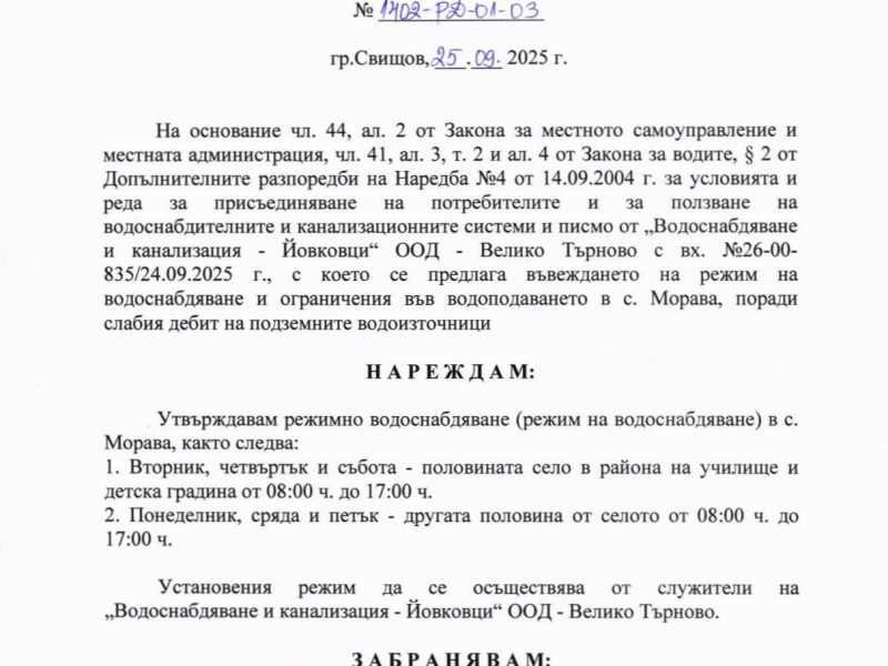 Заповед във връзка с утвърден режим на водоснабдяване в с. Морава