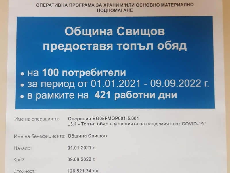 До 09.09.2022 г. се удължава срокът на предоставяне на услугата ”Топъл обяд” в община Свищов 